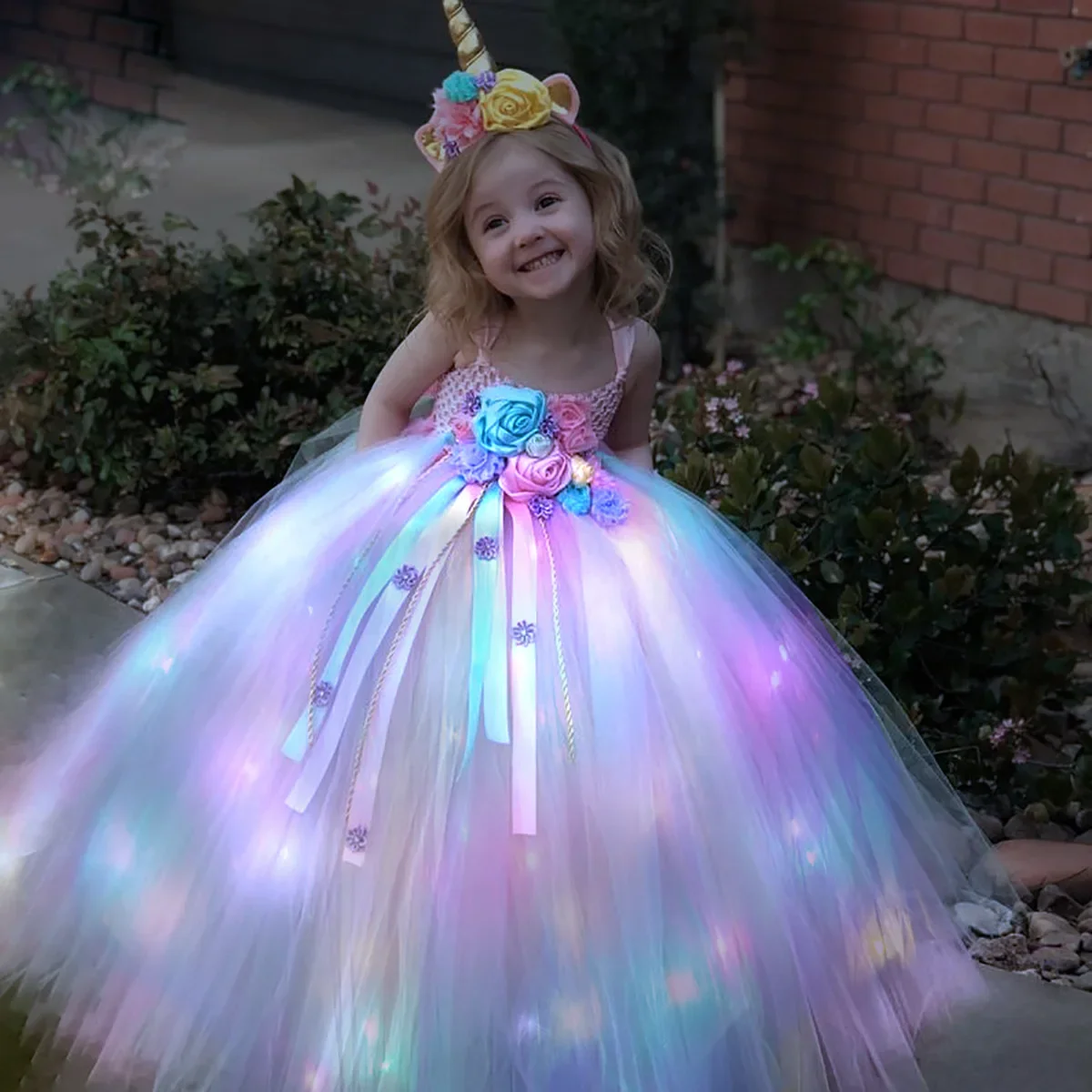 Diy Halloween Electronics - Gilrs longo led unicórnio tutu vestido